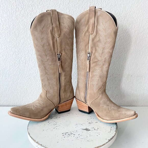 Lane Gallatin Womens Cowboy Boots 6.5 Latte Suede Cowgirl Western Mid Calf Tall - Picture 7 of 11